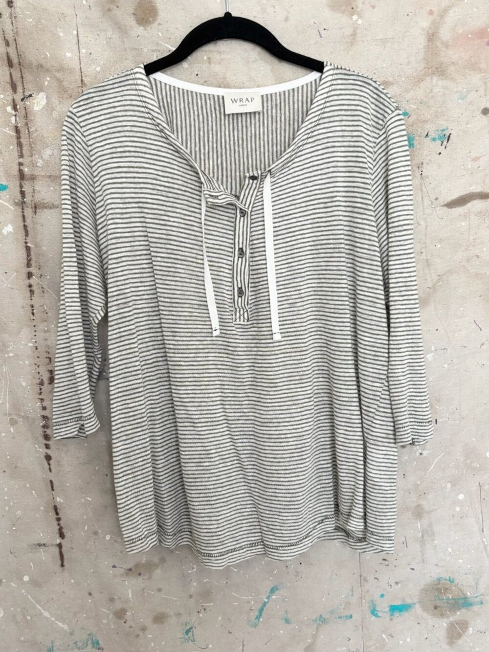 Wrap London Tie-Neck Henley, Khaki Stripe